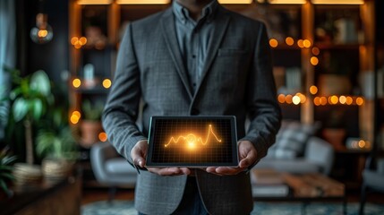 Professional presents digital analytics on a tablet, a pulse graph glowing with potential. Warm bokeh lights of a modern office set the scene for strategic business decisions and financial growth.
