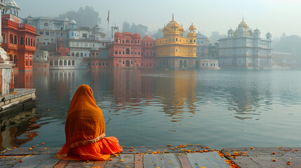 Exploring Cultural Experiences and Diversity. Lifestyle of a Woman Sitting by the River. Back View of a female Embracing Lake. Cityscape thinking scene.