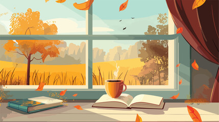 Autumn window with rural view a book and a coffee cup