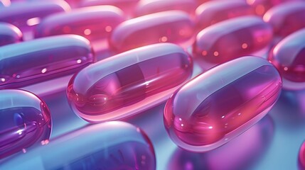 Glossy gel capsules in neon lighting. Advanced pharmaceuticals for health and wellness. Modern medical science and biotechnology. High-quality vitamins and supplements.