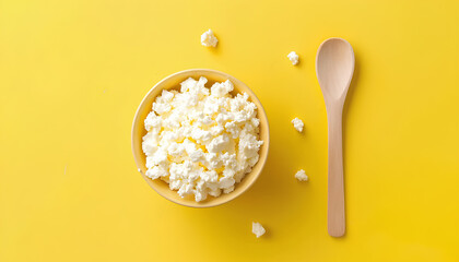 Bowl and spoon with tasty cottage cheese on yellow background