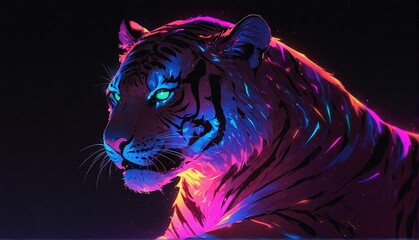 colorful neon light glowing tiger on plain black background from Generative AI