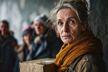 A sad poor woman in a charity fund with a donation box. The problem of homelessness, poverty,...