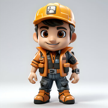 3D Illustration of a cartoon character with safety helmet and uniform