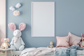 Cozy Nursery Room Interior with Blank Frame and Plush Toys