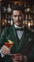 A charismatic bartender in a sharp green suit offers a beautifully crafted martini with a lemon twist, against a backdrop of a bustling bar.

