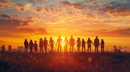 A group of people of all ages holding hands and standing in a field at sunset. - obrazy, fototapety, plakaty