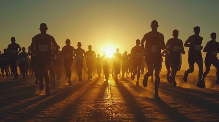 A group of people running towards the setting sun.