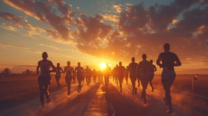 A group of people running towards the sunset.