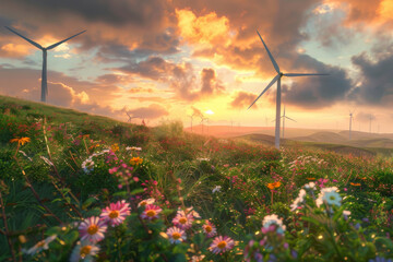 Sunset Over Wind Turbine Farm Amidst Blossoming Wildflowers
