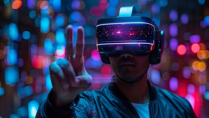 young man wearing virtual reality vr glasses in the city