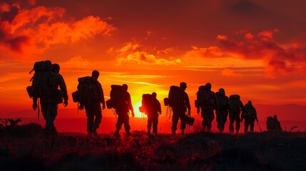 A group of soldiers are walking towards the sunset. The sky is red and the clouds are orange. The soldiers are carrying their bags and rifles.