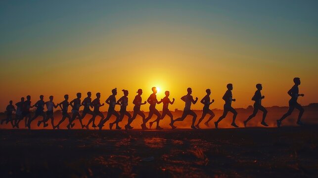 A group of runners are running towards the setting sun.