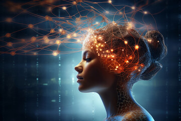 Obraz premium Glowing neural impulses in a girl's brain, the cosmos inside a person.Glowing Neural Network Connections, Neural chip. Science and medical health. Futuristic Digital Human 