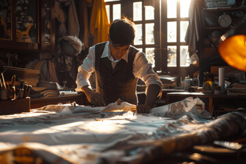 Craftsman Tailoring Garments in a Sunlit Traditional Workshop