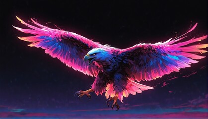 pink neon light glowing flying eagle on plain black background from Generative AI