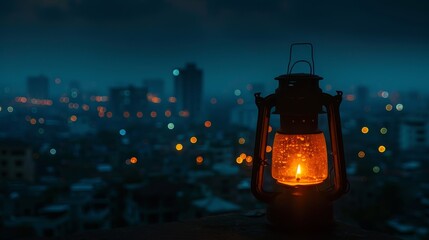 A lantern sits on a ledge overlooking a city at night.