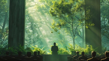 A large auditorium filled with people is located in the middle of a lush forest.