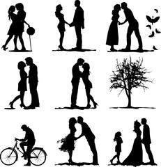silhouette of couples engaging and showing love embrace each other vector