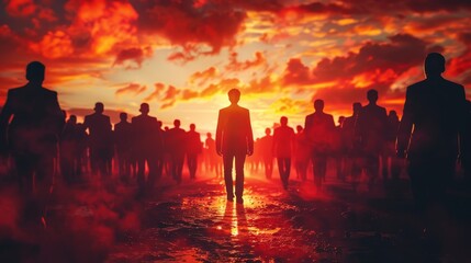 A large crowd of people walking towards the viewer in a red, smoky sky.