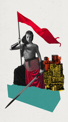 Poster. Fierce, monochromatic female warrior holding billowing red flag against vibrant orange and...