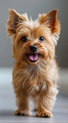 Close-up shot of a cute Yorkshire Terrier with a shiny coat and a playful smile, looking directly at the camera