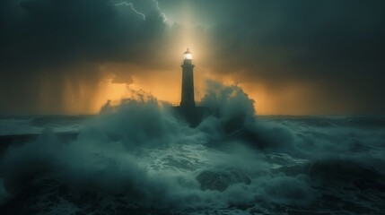 A lighthouse during a stormy night with huge waves crashing against it.