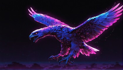 Fototapeta premium purple neon light glowing flying eagle on plain black background from Generative AI