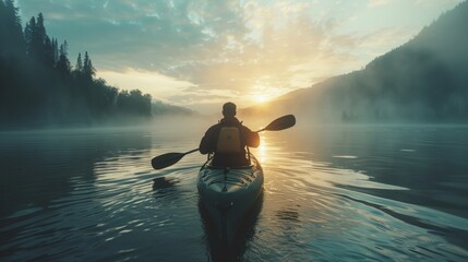 A lone kayaker paddles through a misty lake at sunrise.