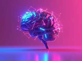 A 3D rendering of a glowing brain floating on a liquid purple and pink background, creating an artistic and entertaining scene in magenta and violet hues