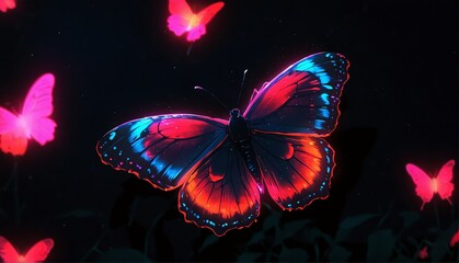 red neon light glowing butterfly on plain black background from Generative AI