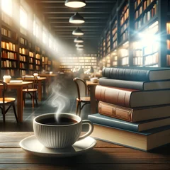 Fototapeten AI generated illustration of a hot coffee cup with books on a wooden table © Wirestock