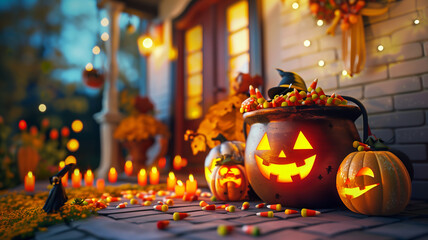 A brightly decorated porch with a witch's cauldron, candy corn, and spooky figurines - obrazy, fototapety, plakaty