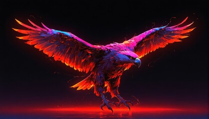 red neon light glowing flying eagle on plain black background from Generative AI - obrazy, fototapety, plakaty