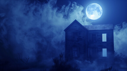 A haunted house shrouded in mist with a full moon and spooky silhouette in the window - obrazy, fototapety, plakaty