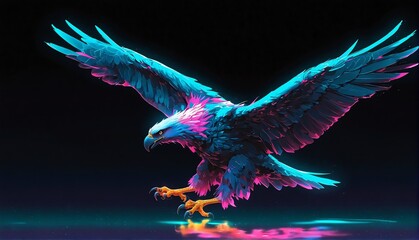 teal neon light glowing flying eagle on plain black background from Generative AI - obrazy, fototapety, plakaty