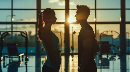 A man and a woman are standing in front of each other in a gym. They are both wearing athletic clothes and are looking at each other.
