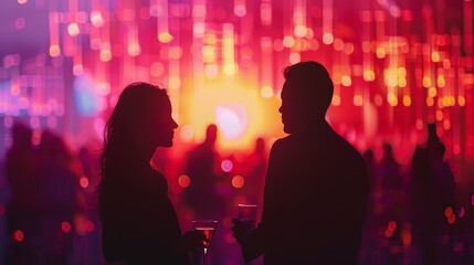 A man and a woman are talking at a party.