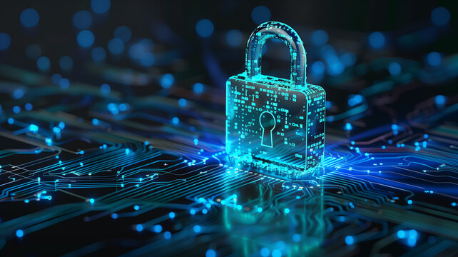A padlock with a binary code pattern, representing the digital nature of cybersecurity