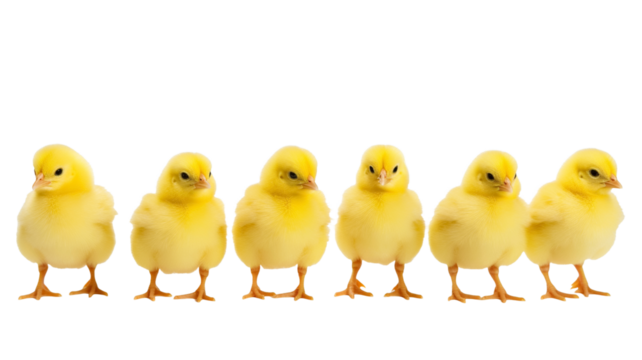 Six cute baby chickens chicks isolated on transparent background.
