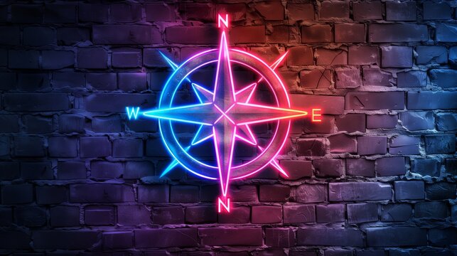 Compass icon neon on brick wall background
