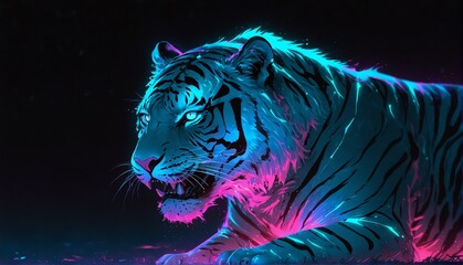 teal neon light glowing tiger on plain black background from Generative AI