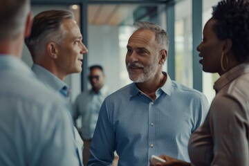 Two mature businessmen engage in an insightful conversation surrounded by peers