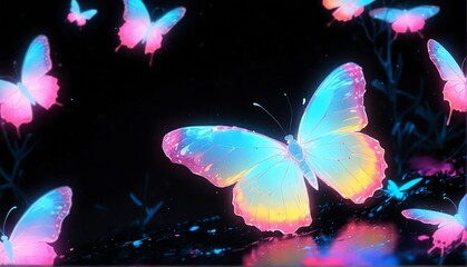 white neon light glowing butterfly on plain black background from Generative AI