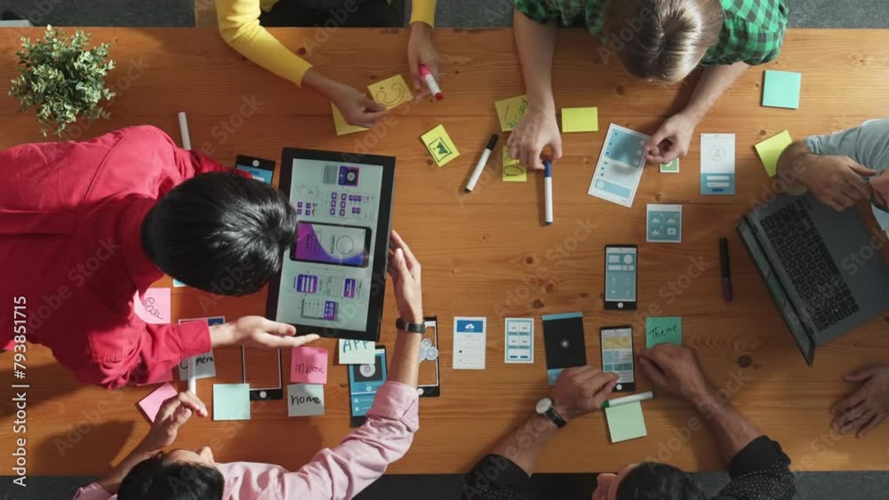Poster top view of skilled developer team stick idea about ux ui design for mobile phone interface on white