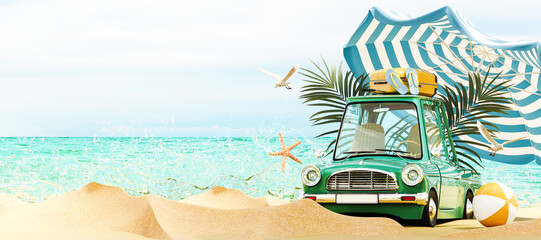 Summer travel concept. Funny green car with summer accessories on beautiful sand beach. 3D...
