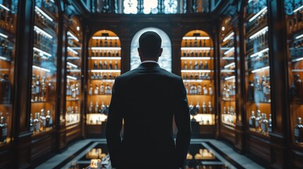 A man in a suit standing in a dimly lit room full of shelves of expensive liquor.