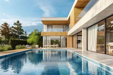 3d rendering, A modern twostory house with pool, terrace and balcony. The building is made of light wood cladding combined with white metal profile. In the background there's an outdoor lounge area. 