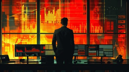 A man in a suit stands in front of a large window looking at a red and orange stock market graph.