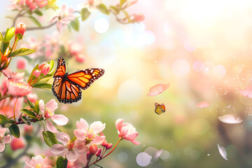 Fototapeta na wymiar A beautiful spring background with flowers, butterflies and sunlight shining through